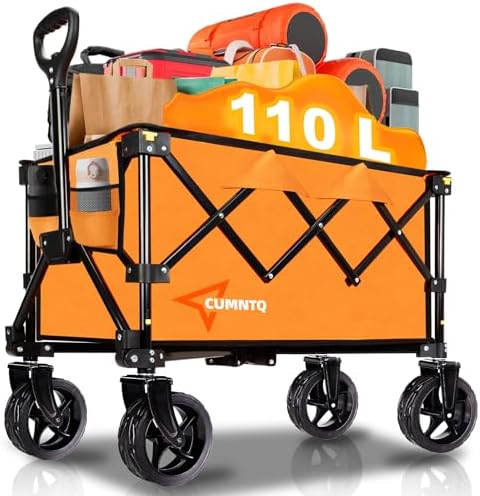 Collapsible Wagon Cart with Wheels, Heavy DutyFoldable Wagon Cart with 230lbs Weight Capacity, UtilityBeach Wagons Portable for Outdoor, Grocery, Camping,Shopping, Orange