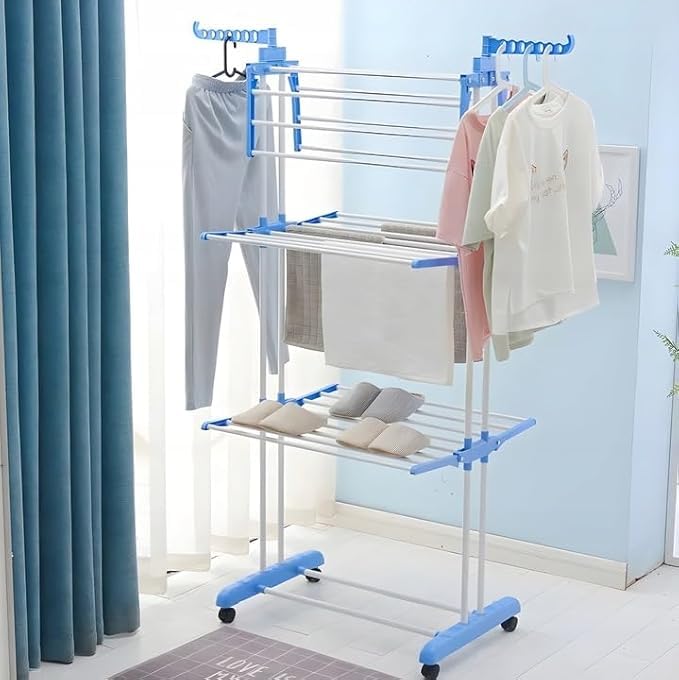 Stendibiancheria Verticale a 3 Livelli con Ruote – Stendino Salvaspazio Richiudibile in Acciaio, Pieghevole e Portatile, con Bracci Laterali per Appendini – Per Interno ed Esterno