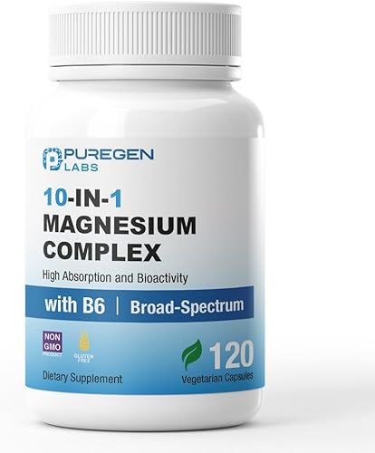 Puregen Labs Complejo de magnesio 10 en 1 de 500 mg con cápsulas vegetales B6-120 [alta absorción y bioactividad] Sin OMG, sin gluten ni lácteos