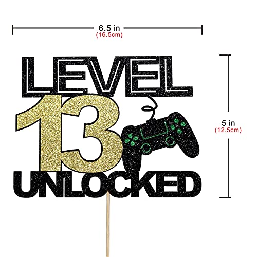 Image of Festiko Level 13 Unlocked Cake Topper Official Teenager 13th Birthday Cake Decoration, Video Game Controller Theme Happy Birthday Party Decoration, Black Gold Glitter Cake Decoration
