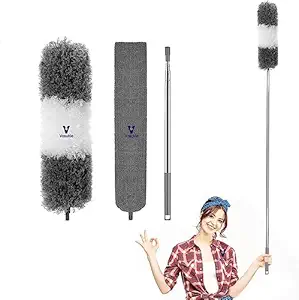 Vasukie Fan Cleaner Brush with 30 to 100 Inch Long Extendable Stainless Steel Rod Bendable Microfiber Feather Duster for High Ceiling Fan Cleaning Washable Detachable Anti Scratch Brush (3 Pcs)