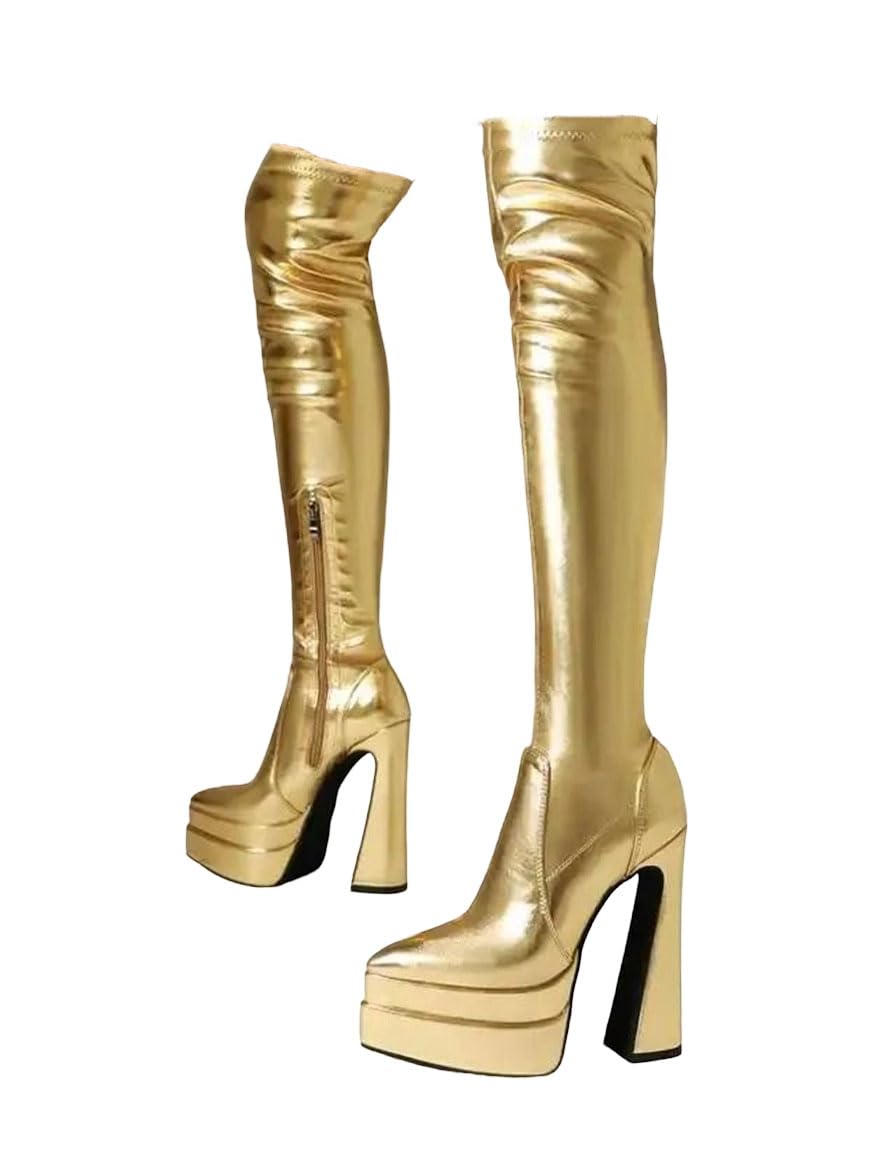 Womens Platform Over The Knee Thigh High Boots Pointed Toe Zip Faux Leather Shoes