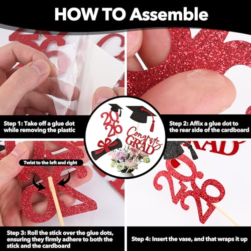 Image of 20 PCS Graduation Decorations Class of 2026, Black and Red Double-Sided Centerpieces, Grad Cap Sticks, Table Toppers, Graduation Party Decorations