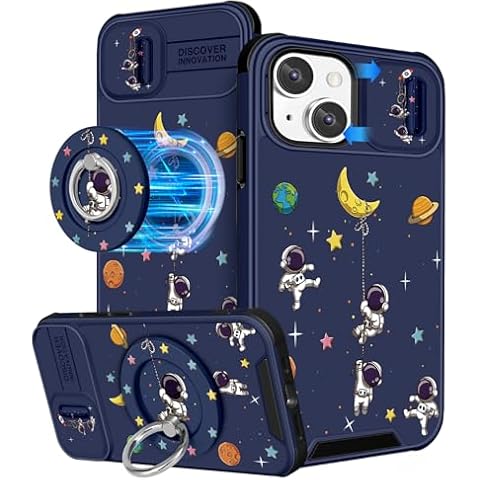 Buleens for iPhone 15 Case 6.1 Inch - with Ring Stand & Camera Cover Aesthetic Cute Designed for Women Girls Cartoon Astronaut for Phone Case for iPhone 15 Compatible with Magsafe Cover