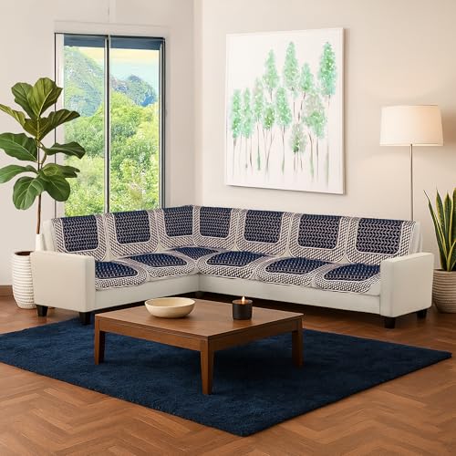 Image of Premium Chenille Woven Anti-Slip 6 Seater L-Shape Sofa Cover | L-Shape Sofa Seat Protector for Living Room | Durable & Stylish Slipcover - Navy Blue - 3D