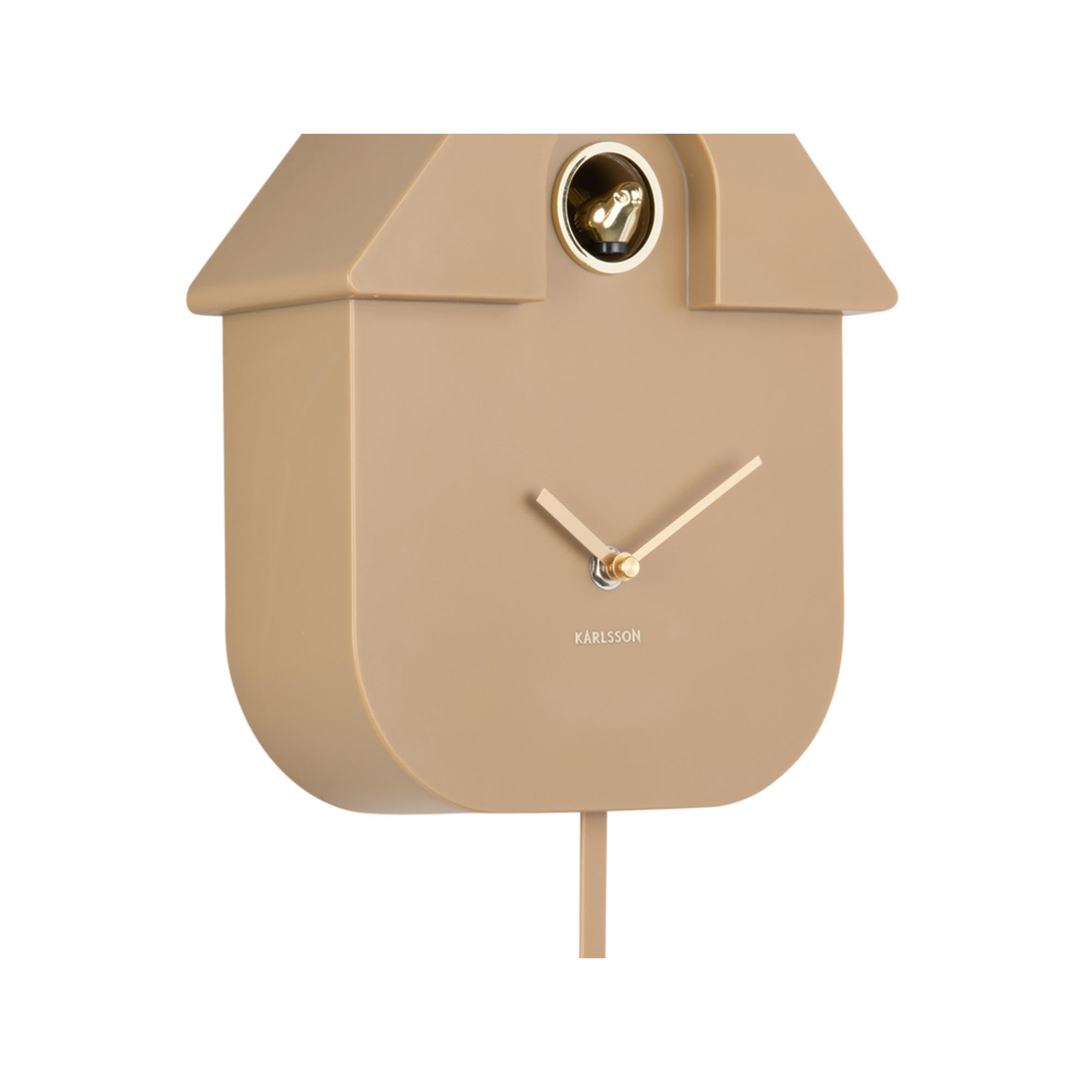 Karlsson Horloge murale moderne à coucou Oro marron moka – avec détails dorés, fonction coucou horaire et pendule – Fonctionne avec piles