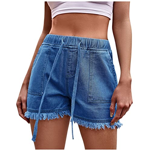 Eopuing Denim Shorts For Women Summer Dressy Casual Boho Hippie Stretch Pull On Jean Shorts Trendy Comfy Loose Basic Solid Drawstring Shorts,Elastic High Waist Shorts Pack(B-Blue,X-Large) #TOP16