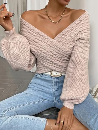 Image of WDIRARA Women's Textured Crossover V Neck Sweater Long Sleeve Drop Shoulder Casual Pullover Tops