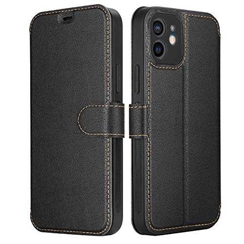 ELESNOW Cover per iPhone 12-6.1', Flip Wallet Case Custodia in Pelle PU Premium, Slot per Schede, con Magnetica a Scatto per Apple iPhone 12 (Nero)