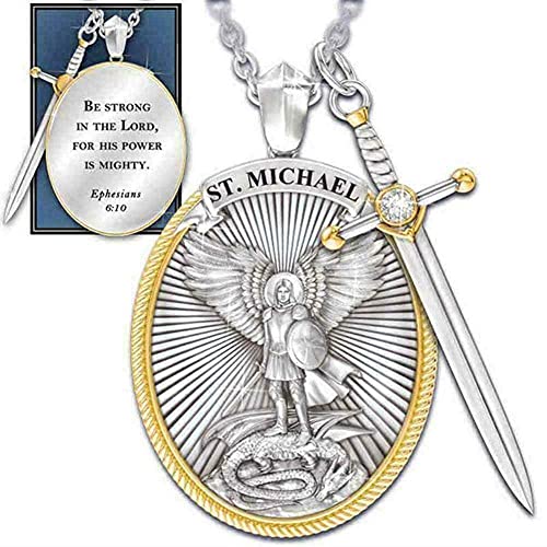 The Archangel Saint Michael/Oval Medal Necklace Protection Prayer Pendant Necklace Seal Solid with A Sword Pendant Necklace -2PCS…2