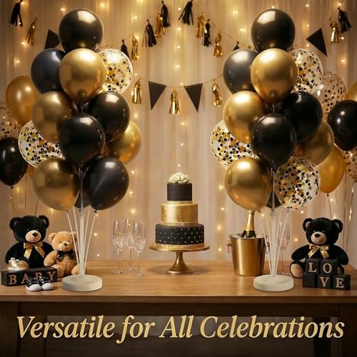 Image of Balloon Column Stand Kit,2 Sets of Assorted Rainbow Balloon Tower Pillar with 10inch Bright Color baloon Reusable Design for Grirls Party,Birthday, Wedding,Baby Shower (Black Gold Confetti)