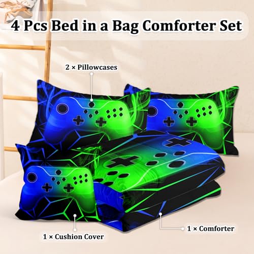 BERTSUCA 4 Pcs Gamer Full Bedding Set for Boys, Green-Blue Gaming Full Size Boys Comforter Set for Teens — view 2