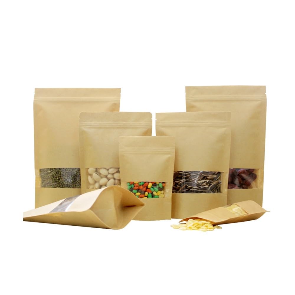 100 szt./partia Stand Up Kraft Paper Pouches With Windows Snack Food Ziplock Bags Nuts Sealed Food Packaging Bags With Tear Notch (przezroczyste okno, 16 x 22 cm)