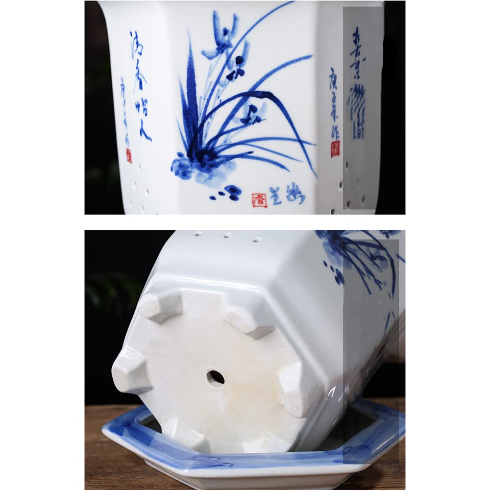 Chinoiserie Jingdezhen Domowa doniczka ogrodowa Ceramiczna doniczka Niebiesko-biała Kryta Doniczka zewnętrzna Starożytny orientalny Klasyczny 10,2 x 10,6 cala