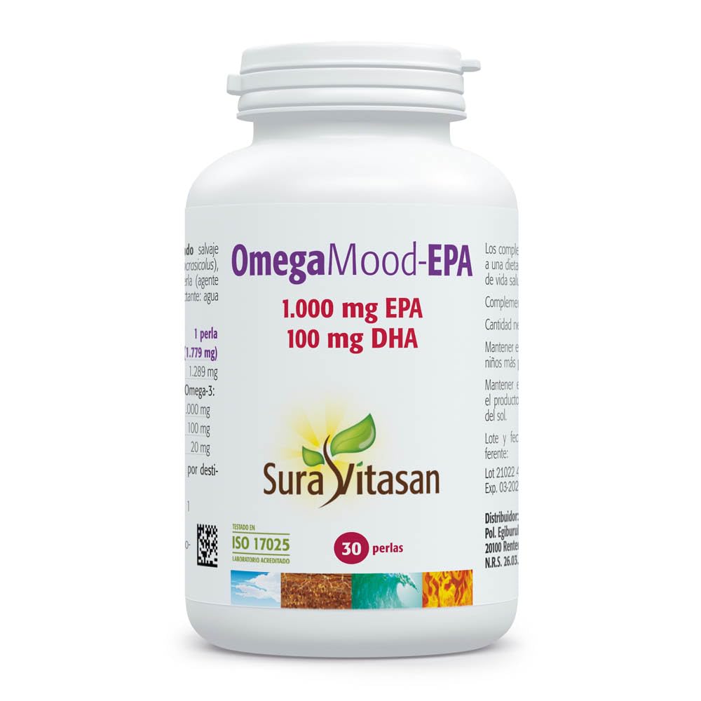 SURA VITASAN Omega Mood-EPA 30 Perlas – Alta Concentración 1.000 mg EPA y 100 mg DHA – Bienestar Emocional, Función Cognitiva, Salud Cardiovascular – Aceite de Pescado Salvaje de Grado Farmacéutico