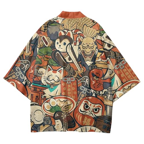 Image of DOSLAVIDA Men's Japanese Kimono Cardigan Suit Chinese Style Printed Jacket Pants Set Open Front Seven Sleeve Top & Shorts