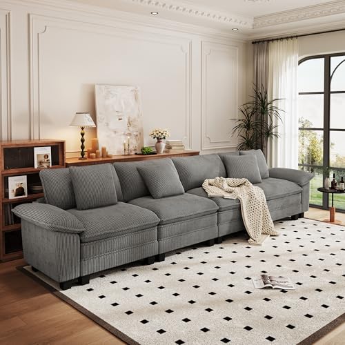 Image of PHI VILLA Cloud Modular Couches Sets, 157.5 inch Sectional Sofa with Upholstered Deep Seat, 4-Seater Long Couches for Living Room Apartment, Corduroy Fabric, Grey