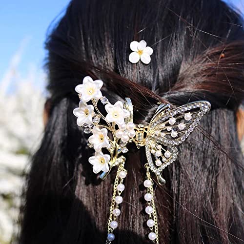 1Pc Butterfly Flower Hair Clips Claw Strong Hold Metal Hair Clip, Pearl Chain Tassel Hair Claw For Girls & Women, Cute Hair Jaw Clips #TOP1