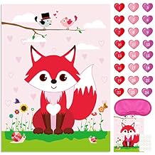 FEPITO Pin The Heart on The Fox Valentines Game with 24Pcs Heart Stickers for Valentines Party Supplies, Kids Birthday Party Decoration