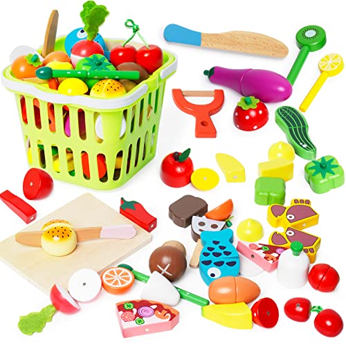Frutas Verduras Juguetes de Madera para Cortar Cocina para niños Juguete de Madera Comida de Cocina Juguetes de Frutas y Verduras de Madera con Cesta para niña Niño 3 4 5 6años