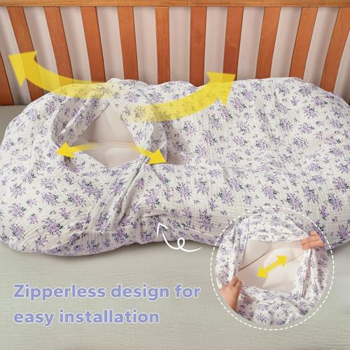 Image of FUNUPUP Muslin Baby Lounger Cover Only, Purple & Purple Floral | 100% Muslin Cotton Soft Breathable Easy On /Off Envelope Closure Machine Washable Easy-Clean Protector Neutral Colors