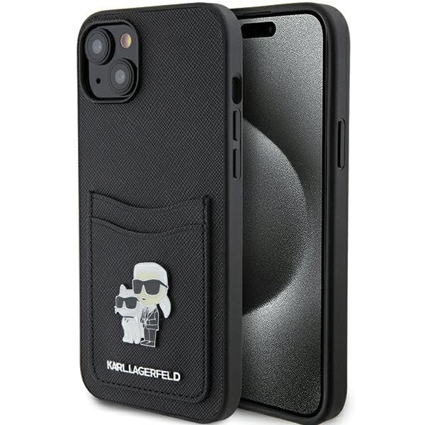 KARL LAGERFELD KLHCP15SSAPKCNPK Coque pour iPhone 15 6.1 "étui Rigide Noir Saffiano Fente pour Cartes Karl & Choupette Broche en métal