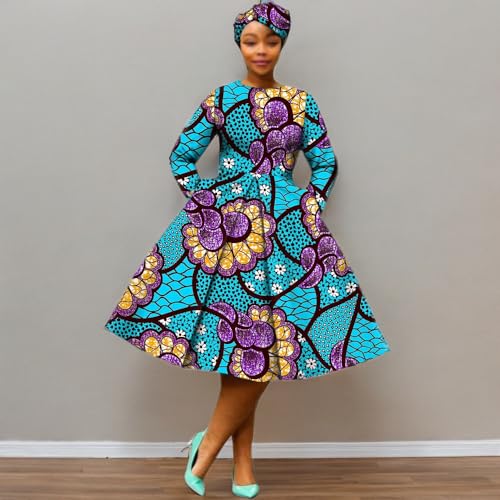 Image of African Dashiki Dresses for Women Party Flower Floral Fashion Culture Vintage+Headwrap 35x45 inch