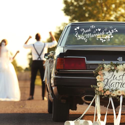 Autocollant Just Married, Decal Sticker mur Just Married vinyle Car Decal, Conception, Mural décoratif pour voiture de mariage Inscription, Stickers Retour Miroir de fenêtre de voiture Lune de Mie – vue 5