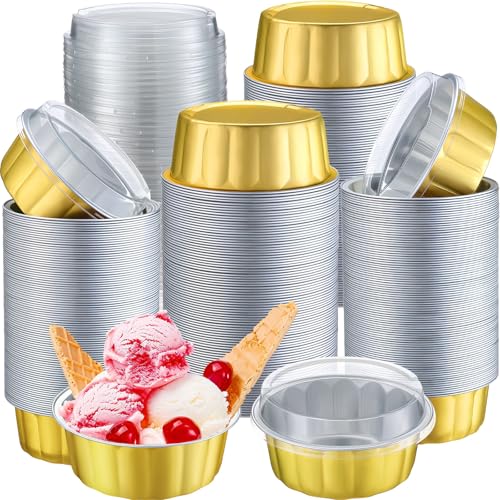 Gejoy 180 Pcs 8 oz Aluminum Foil Cup with Lids Disposable Ramekins with Lids Disposable Creme Brulee Cups Box for Wedding, Christmas, Party Dessert, Restaurants, Retail Stores(Gold)