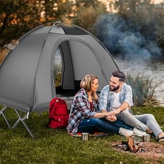 GYMAX 2-Person Camping Cot Tent, Folding Off-Ground Cot Bed Combo with Portable Wheeled Bag, Waterproof Rainfly, 2 Mesh Doors & Skylight Roof for Hiking, Backpacking, Outdoor (Gray)