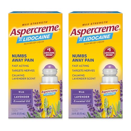 Aspercreme Essential Oils Lidocaine Pain Relief with No-Mess Roll-On Applicator, Max-Strength Lidocaine Numbs Away Nerve Pain, Moisturizing Aloe Hydrates Skin, Lavender, 2.5 Oz., 2pk