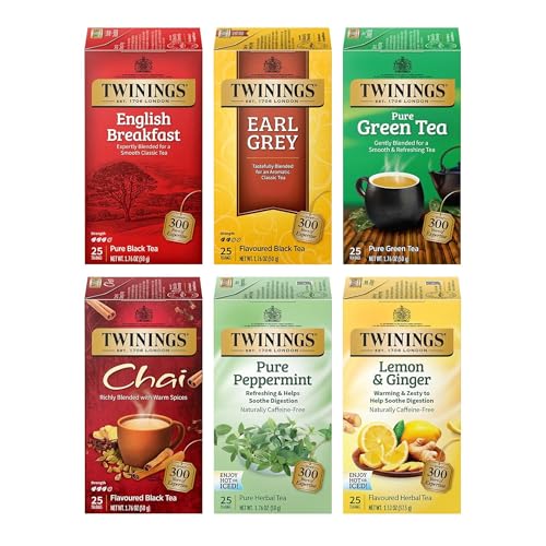 Twinings Variety Pack Tea Bags, 25 Count (Pack of 6) (English Breakfast, Earl Grey, Lemon Ginger, Peppermint, Green, Chai)の商品画像（Amazon）