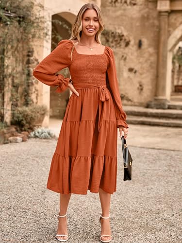 Image of Simplee Womens Long Sleeve Maxi Dress Casual Square Neck Smocked Flowy Fall Wedding Guest Dresses