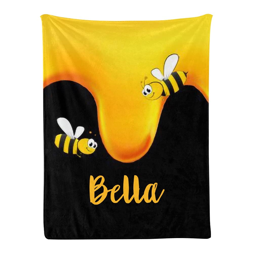 Bumble Bees Honey Baby Blanket with Name Custom Personalized Super Soft Nursery Fleece Throw Blankets for Newborns Baby Shower Girls Kids Birthday Gift 30 X 40 inch