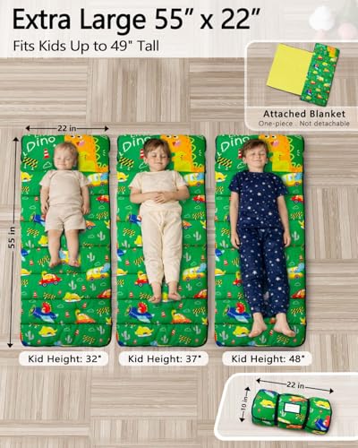 Image of Primlect Thickened Toddler Nap Mat with Removable Pillow and Minky Blanket, Extra Large 55''x35'' Sleeping Bag, Washable, Roll up, Perfect for Daycare, Preschool, Kindergarten, Boys and Girls Dinoaur
