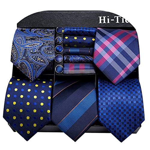 Hi-Tie Lot 5 Pcs Gift Box Mens Tie Set Necktie with Pocket Square Cufflinks Silk Neck Tie Collection,Blues Multicolor