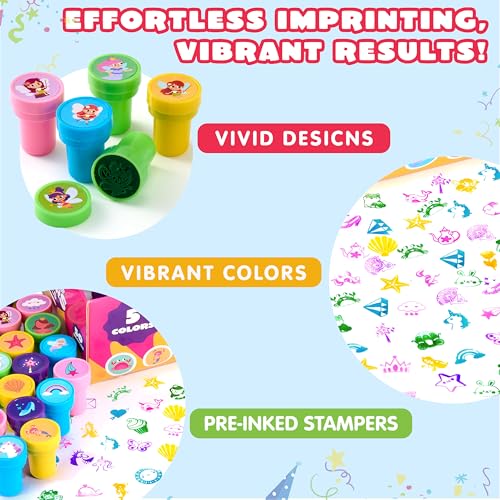 Image of JOYIN 100PCS FairyTale's Stamps for Kids Self-Ink for Party Favor, Teacher Stamps, Kids Treasure Box, Prize for Classroom, Birthday School Stuffers (50 Designs, Mermaid, Princess, Unicorn Stampers)