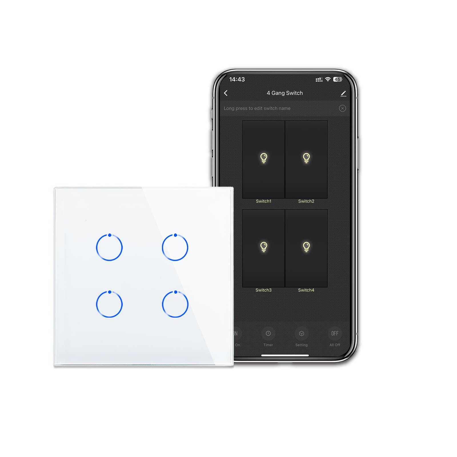 CNBINGO WiFi Smart Light Switch Work with Alexa, Google Assistant, Multi-Way Control by Smart Life App, 4-Gang Touch Switch, White Glass Panel, LED Backlight, Neutral Wire Required