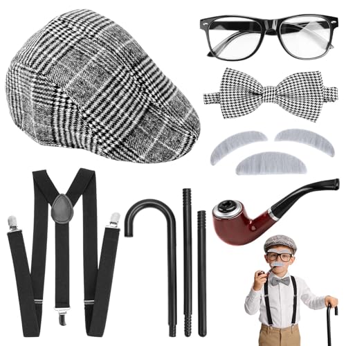 Jognee 20er Jahre Kostüm Herren Accessoires Mafia Kostüm Herren Gatsby Accessoires Alter Mann Kostüm Set mit Hut Verstellbar Elastisch Hosenträger Brille Krücken Fliege Bärte Taschenuhr