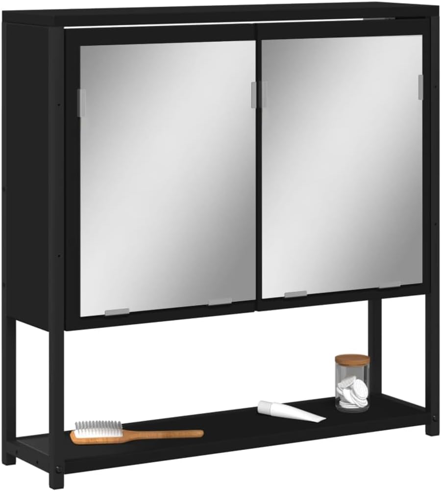 Modern Black Bathroom Mirror Cabinet with Two Spacious Compartments for Wall Mounting Storage and Organization