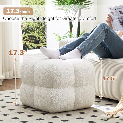 Image of Zesthouse Square Pouf Ottoman Footstool, Modern Backless Vanity Chair for Bedroom, White Fuzzy Foot Rest for Couch, Upholstered Tufted Footstool, Sherpa Fabric Ottoman Coffee Table for Living Room