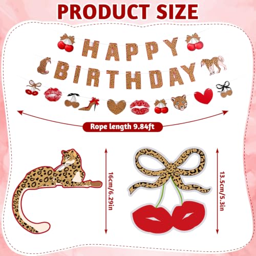 Image of Cheetah Birthday Party Decorations, Pre-Strung Leopard Hanging Banner | Red and Black Cheetah Cherry Banner with Cute Cherries Hanging Swirls for Women Girls Birthday Supplies