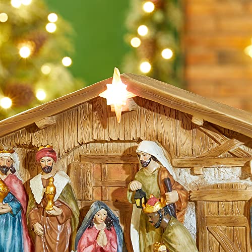 Image of Glitzhome Nativity Sets for Christmas Indoor with Light Star, Light Up Resin Nativity Scene Set for Tabletop Decor Hand Painted Lighted Christmas Nativity Figurines with Stable Xmas Manger Scene