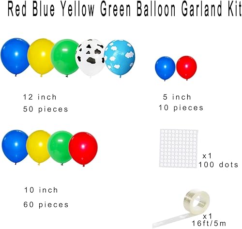 Miniatura 5 de Kit de arco de globos verdes, amarillos, azules y rojos, 122 unidades de arco de globos con estampado de vaca roja, amarilla y verde, para juguetes