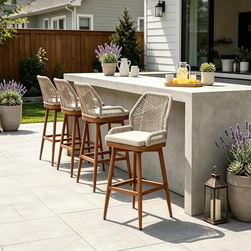 PURPLE LEAF Swivel Counter Height Bar Stools Set of 4, Cushion, Deep Teak