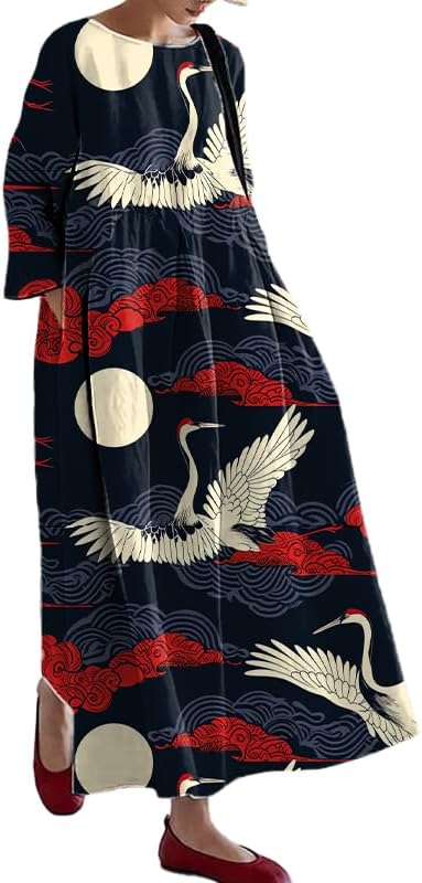 Womens Plus Size Dress Casual Chinese Art Painting Japanese Style Crew Neck Trendy Summer Dress