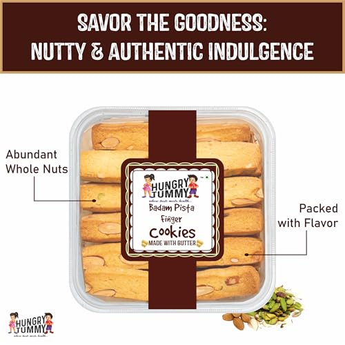 Image of HUNGRY TUMMY Badam Pista Finger Cookies | Handmade Butter Cookies | Premium Almond & Pistachio Biscuits | Crunchy Tea-Time Snack | No Preservatives | Gourmet Healthy Cookies (Pack of 250g)