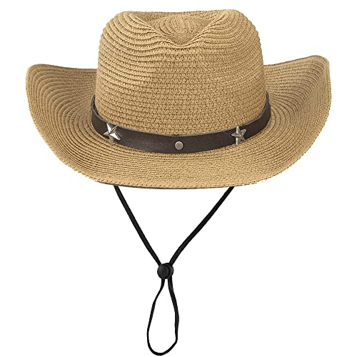 Straw Cowboy Hat For Womens Beach Sun Straw Fedora Cap With Chin Strap Cowgirls Straw Sun Hat For M/L (57Cm Adjustable For Medium/Large, Straw Khaki With Stars Rivet Belt)… #TOP21