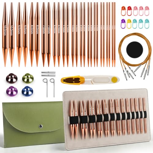Circular Knitting Needles Set Interchangeable Circular Knitting Needles Set with Case & Accessories 13 Pairs of 10cm Round Needles from 3.0mm to 10mm(Rose Gold)