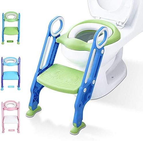 Potty Training Toilet Seat with Step Stool Ladder for Kid and Baby, Adjustable Toddler Toilet Training Seat with Soft Anti-Cold Padded Seat, Safe Handles and Non-Slip Wide Steps, Sky Blue-Purple